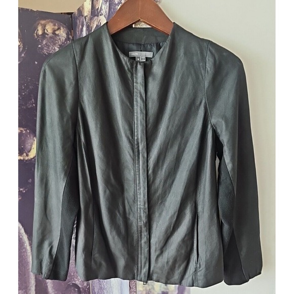Vince Leather Jacket Womens Black Contrast‎ Capsule Minimalist Quiet Luxury M - Picture 1 of 10